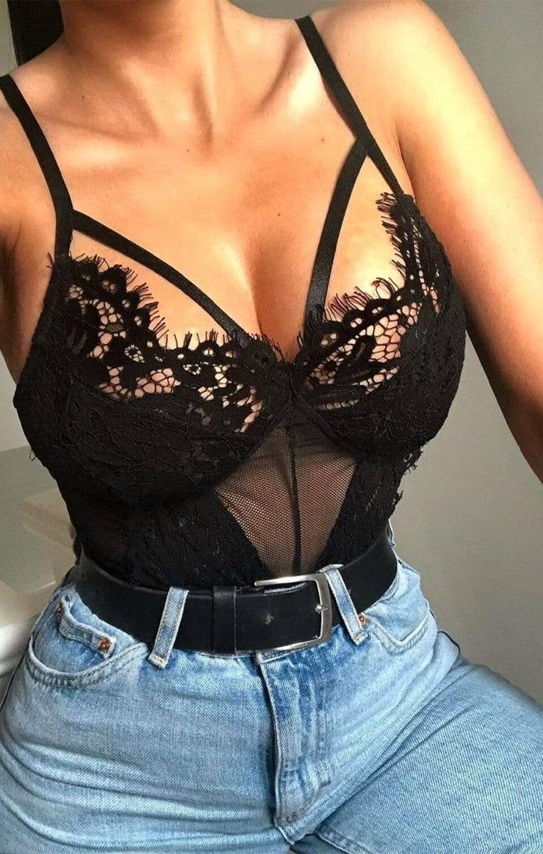 Femme Luxe - Wholesale Lingerie Bodysuit - Women's - Black Strappy Mesh Lace Bodysuit - Axelle4