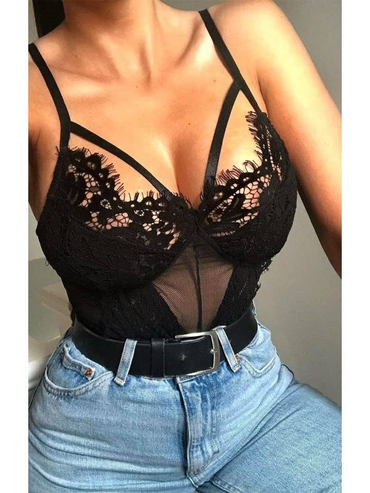 Femme Luxe - Wholesale Lingerie Bodysuit - Women's - Black Strappy Mesh Lace Bodysuit - Axelle4