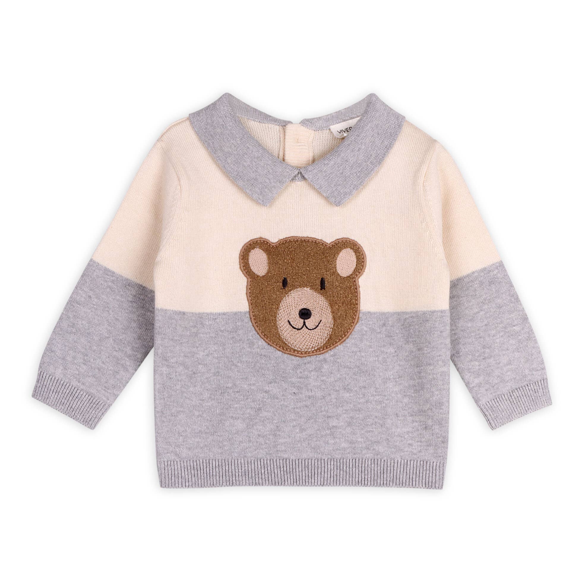 Heather Grey Cuddly Bear Applique Sweater Knit Collar Baby Pullover for wholesale on Faire0