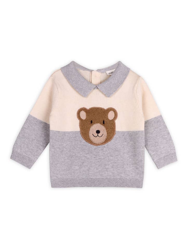 Heather Grey Cuddly Bear Applique Sweater Knit Collar Baby Pullover for wholesale on Faire