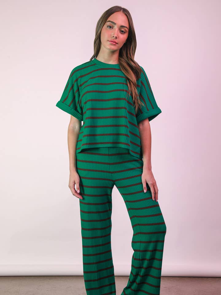 VERY J - Wholesale Lounge Set - Women's - NT11974SET-Striped Casual Top & Pants Set