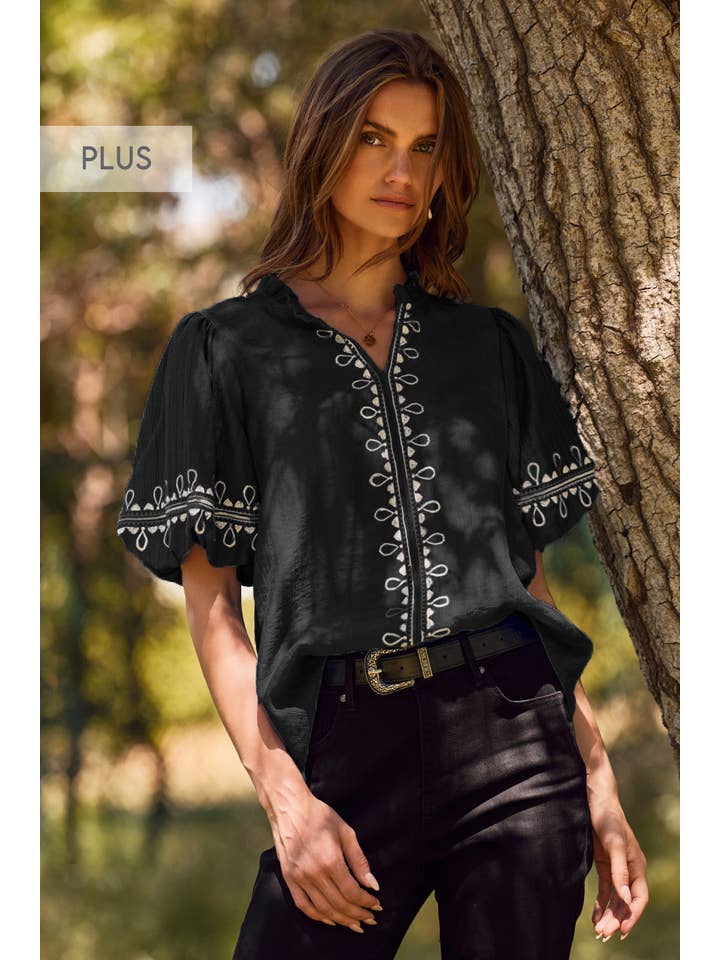 Oddi - Wholesale Blouse - Women's - Plus Solid Embroidered Short Bubble Sleeve Blouse4