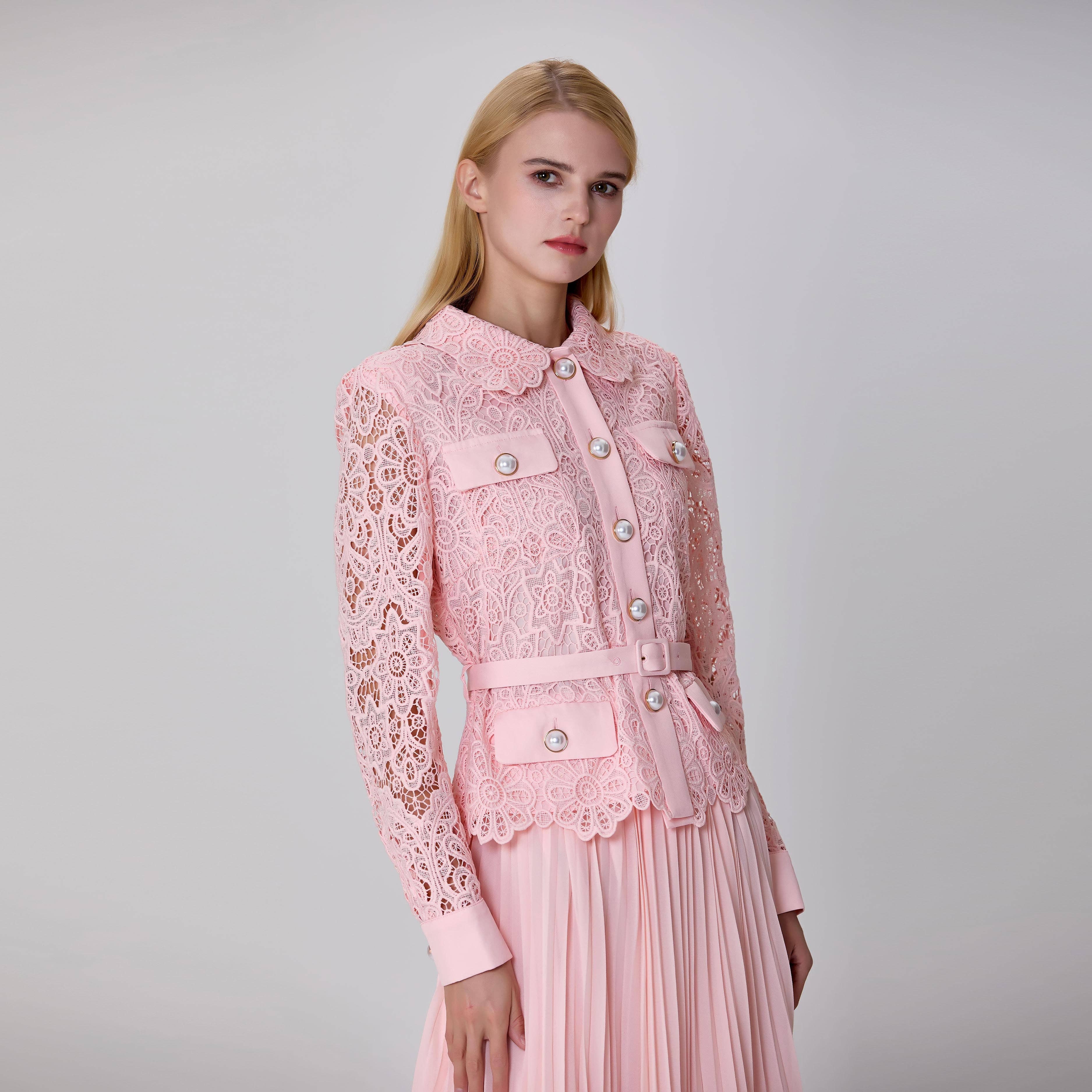 Pale pink All-in-one dress with lace jacket and pleated skirt for wholesale on Faire4