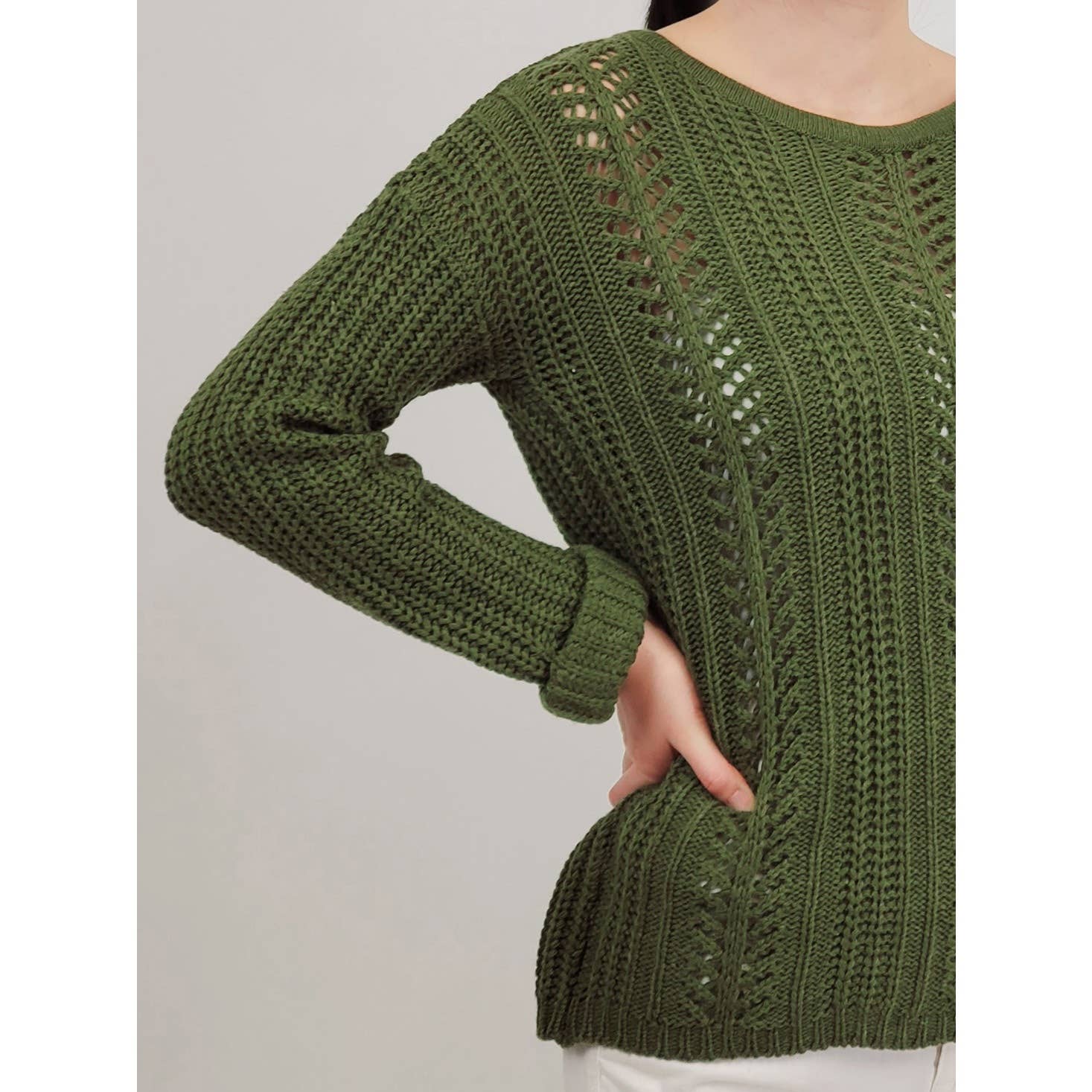 Mak - Wholesale Knit Sweater - Women's - Leaf Crochet Detailed Rolled Up Sleeve Sweater HB205210