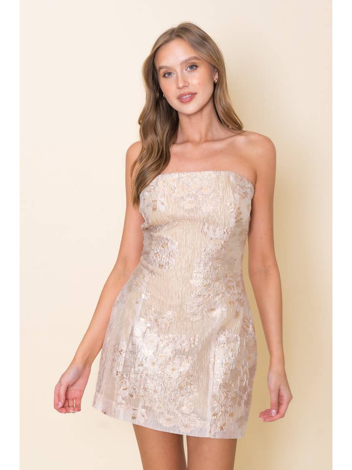 BLUSH W GOLD JACQUARD STRAPLESS BODYCON MINI DRESS-DI10520FO for wholesale on Faire2