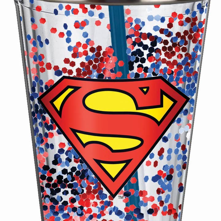 Superman Logo Glitter Cup for wholesale by Spoontiques, Inc