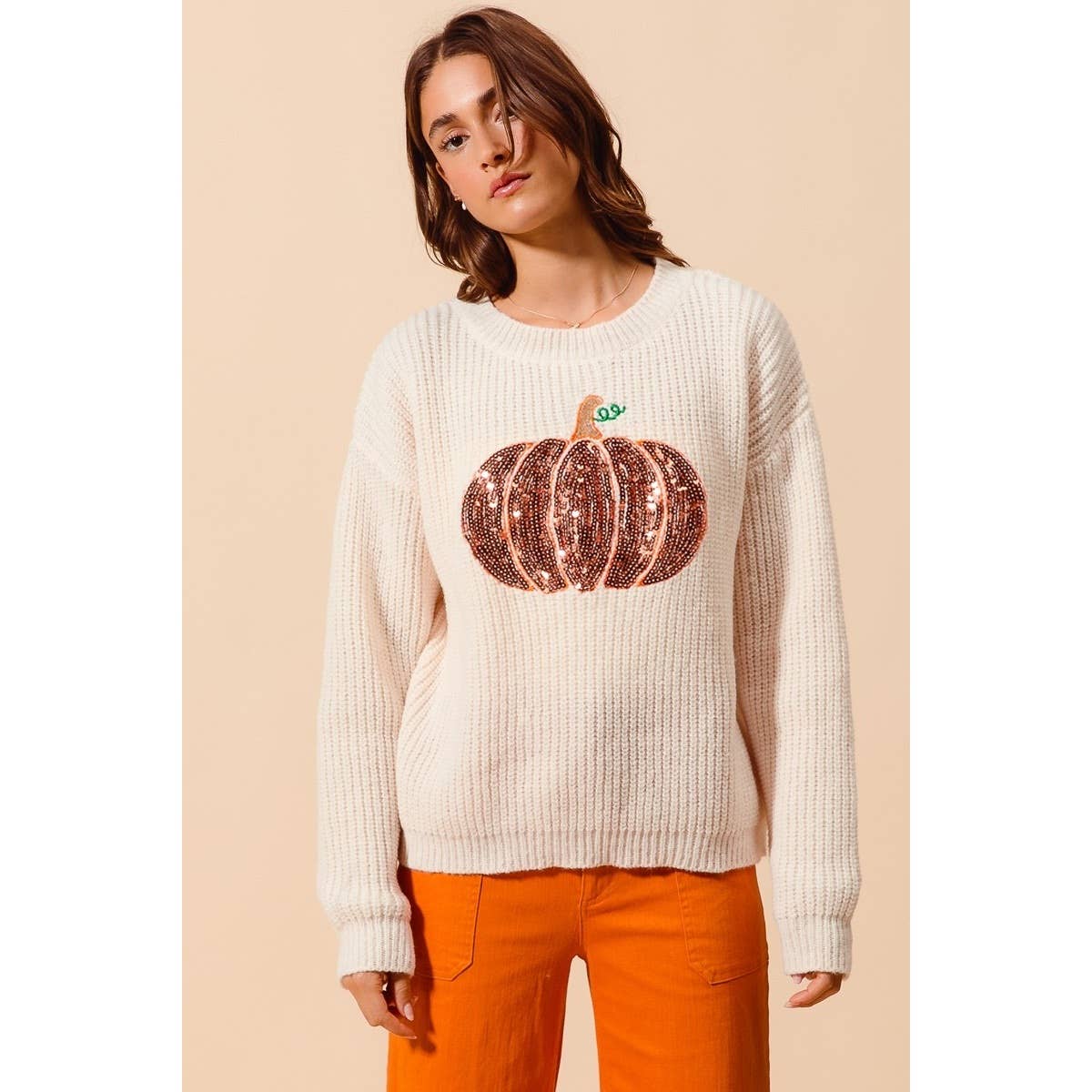OATMEAL Sequin Pumpkin Halloween Thanksgiving Sweater Top for wholesale on Faire6