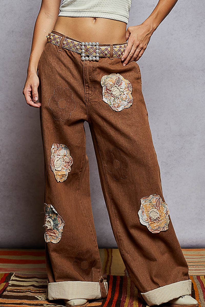 Pol Clothing - Wholesale Pants - Women's - Floral Patchwork Rolled-up Denim Straight Pants20