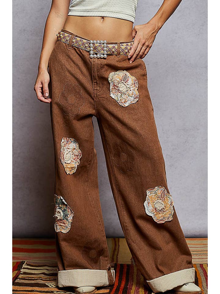 Pol Clothing - Wholesale Pants - Women's - Floral Patchwork Rolled-up Denim Straight Pants20