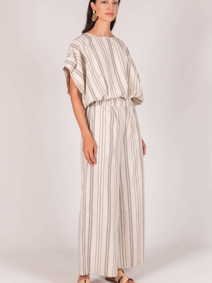 Taupe Navy P. CILL Print Linen Billowy Top for wholesale on Faire