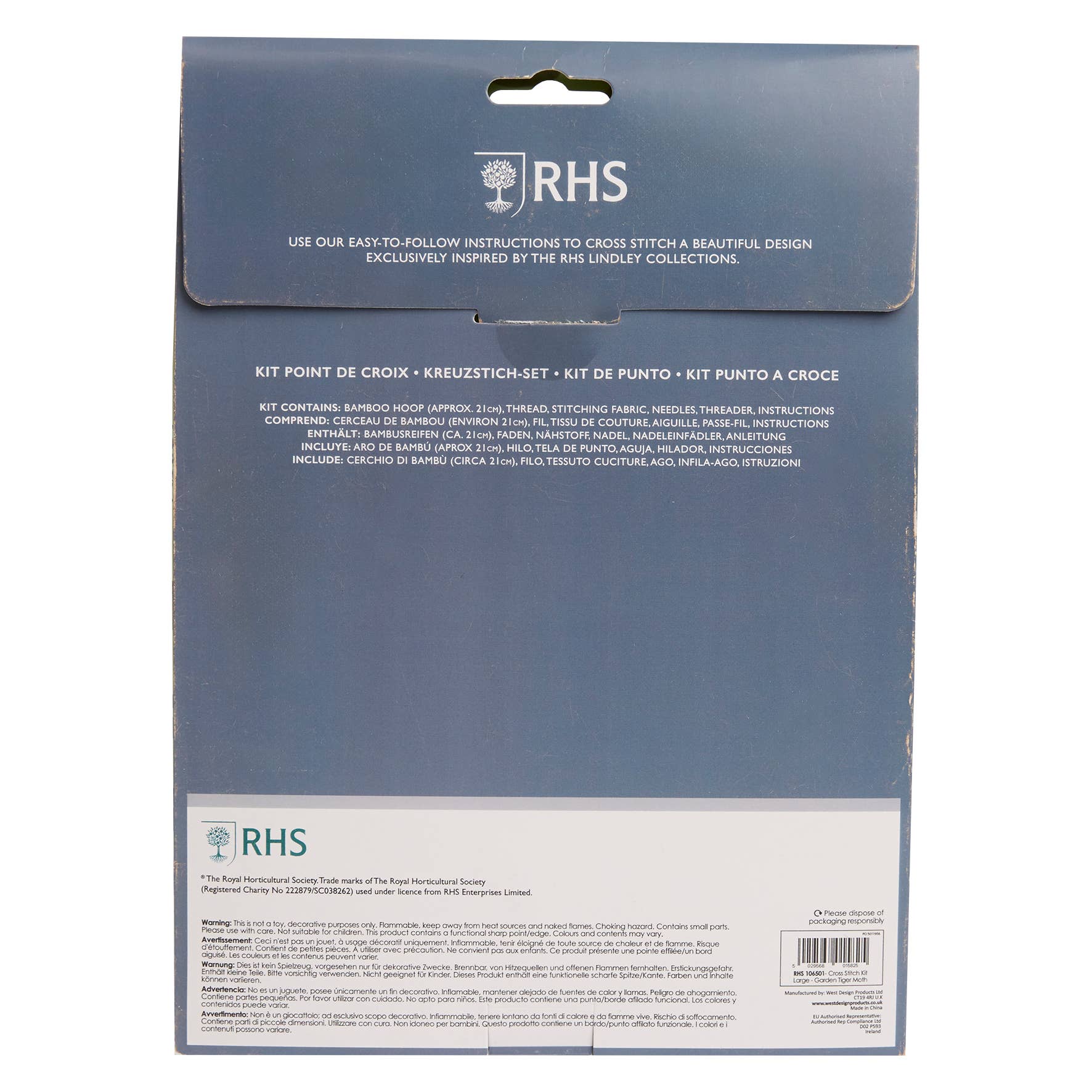 West Design Products - Wholesale Embroidery/Cross Stitch Supplies - RHS Cross Stitch Kit, Garden Tiger Moth 8", Cross Stitch Kit1