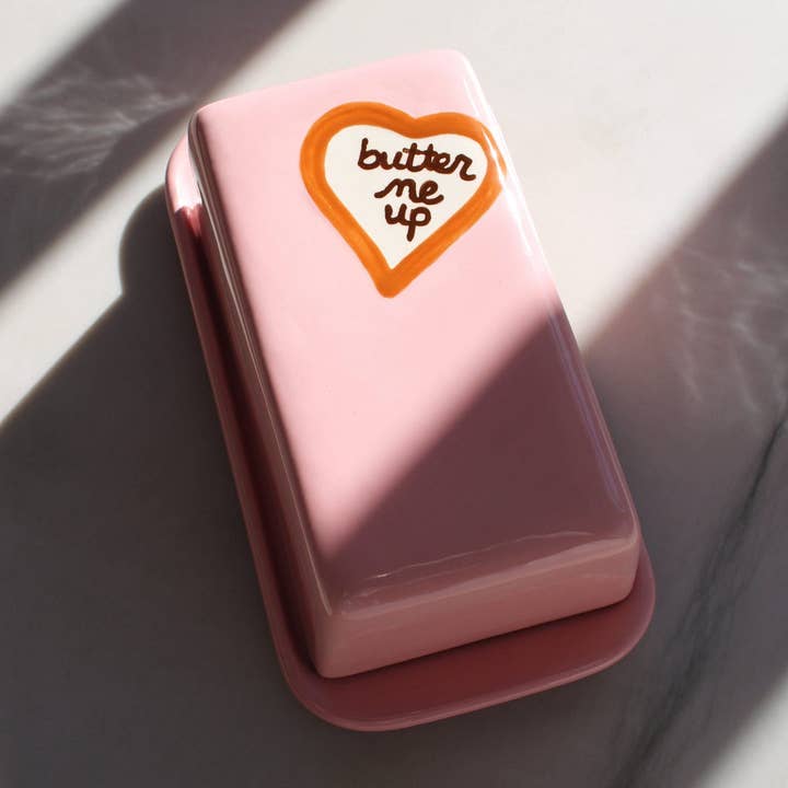 Hand-painted “butter me up” European Butter Dish for wholesale by Caitlin Rounds Antiques