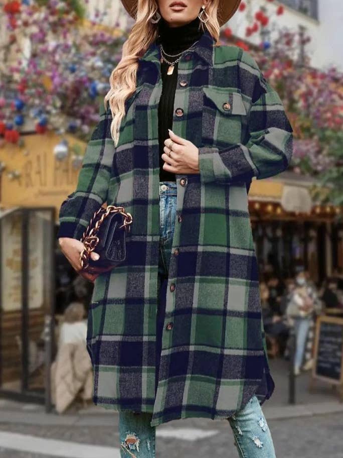 Check fall tweed midi plaid shacket coat for wholesale by Rosa Clothing