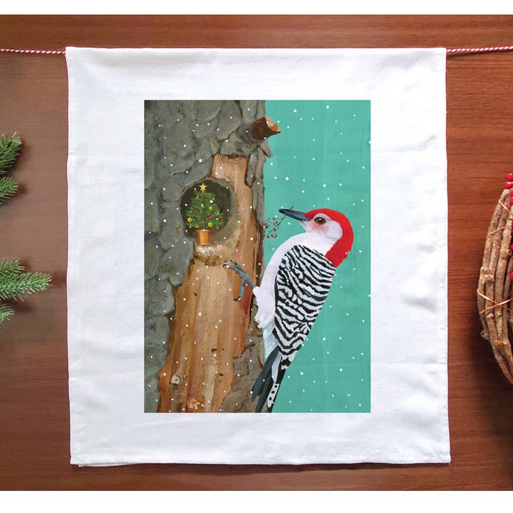 Woodpecker Decks the Halls Holiday Kitchen Towel for wholesale by Allport Editions