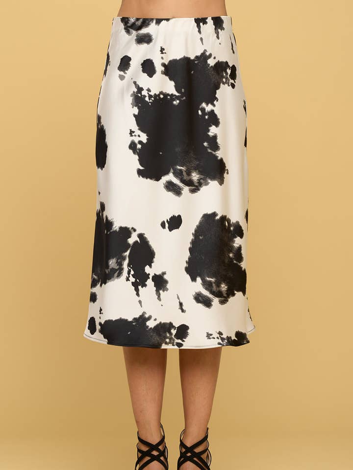 SCHWARZ Hergestellt in den USA Midirock aus Satin mit Western-Kuhmuster für den Großhandel auf Faire0