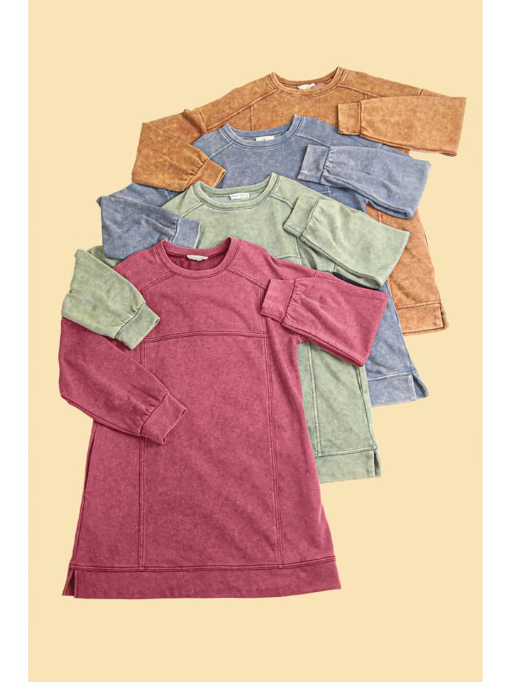 VERY J - Wholesale Dress - Women's - ND31375-Mineral Washed Oversized Knit Sweatshirt Mini Dress