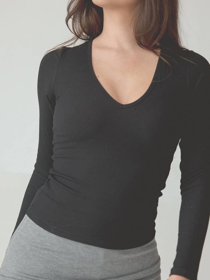 Braless Ribbed Deep V Long Sleeve for wholesale by Klassy