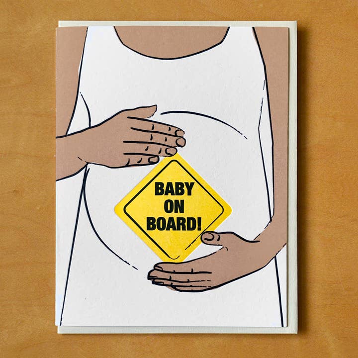 Baby On Board Bump Letterpress Baby Card for wholesale by McBitterson's