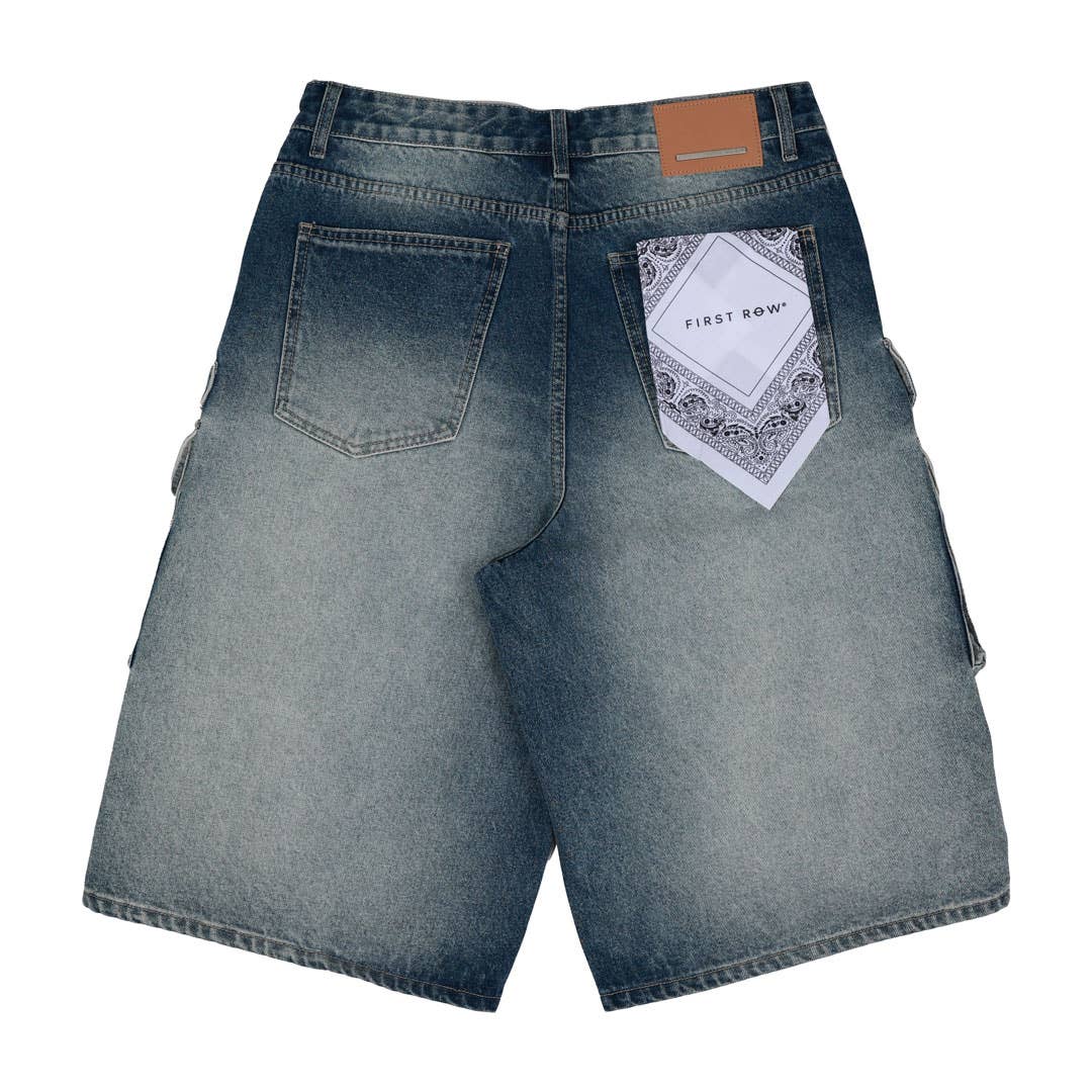 MEDIUM BLUE WASHED MULTI CARGO DENIM JORTS for wholesale on Faire7