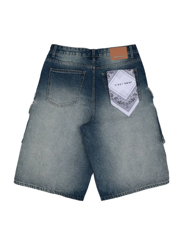 MEDIUM BLUE WASHED MULTI CARGO DENIM JORTS for wholesale on Faire7