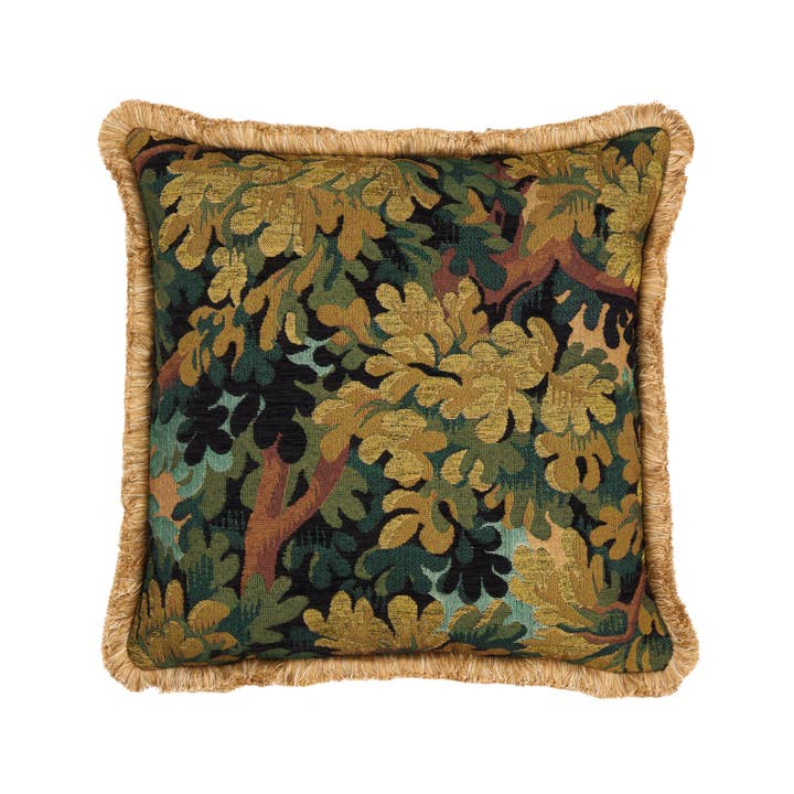 Verdure Royale Tapestry Cushion with Gold Fringe - 48x48cm for wholesale by Hines of Oxford