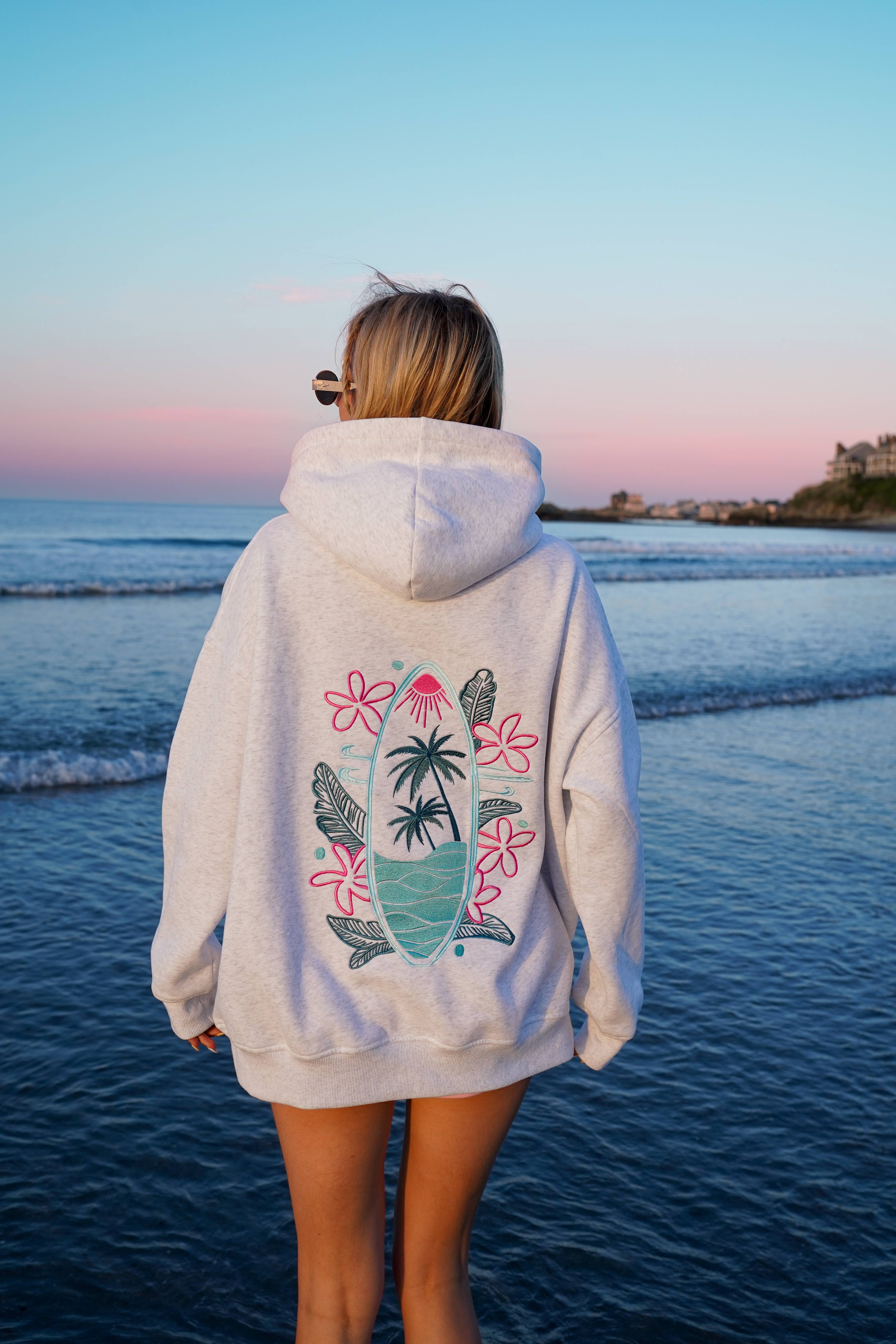 Pearl Grey Surfing The Waves Embroider Hoodie for wholesale on Faire18