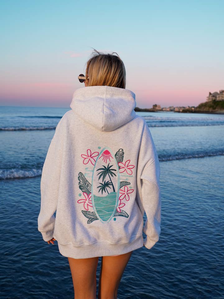 Pearl Grey Surfing The Waves Embroider Hoodie for wholesale on Faire18