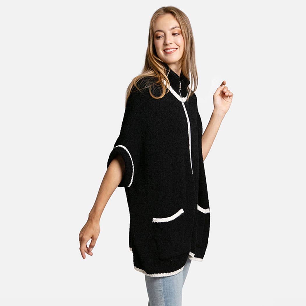 Fashion City - Wholesale Outerwear Poncho - Women's - Solid Zipper Jacket with Outlined Edges8