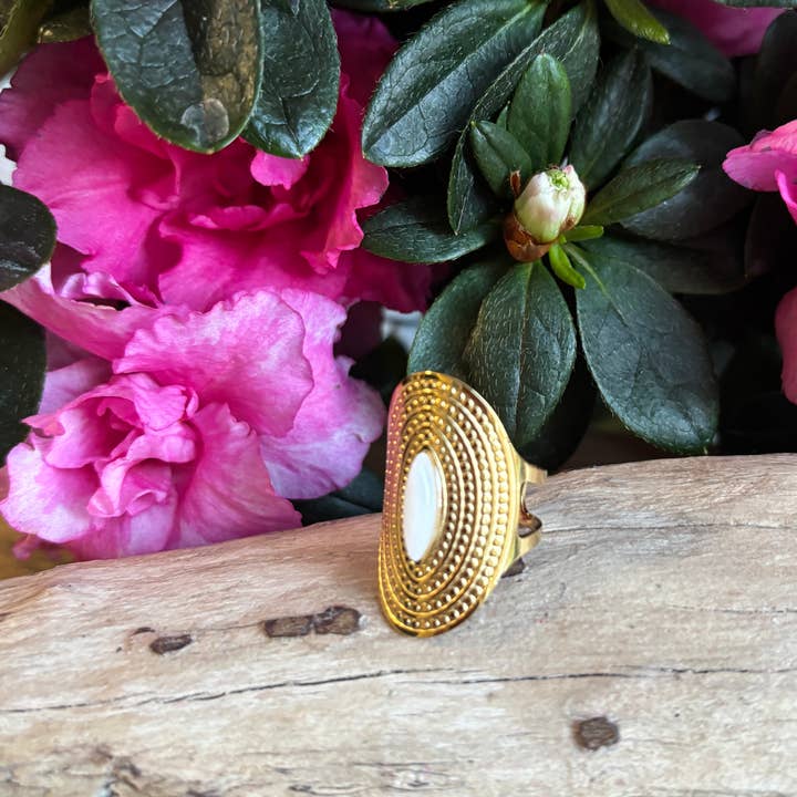 18ct Gold Plated White Jade Adjustable Ring for wholesale by Ocean Ripples