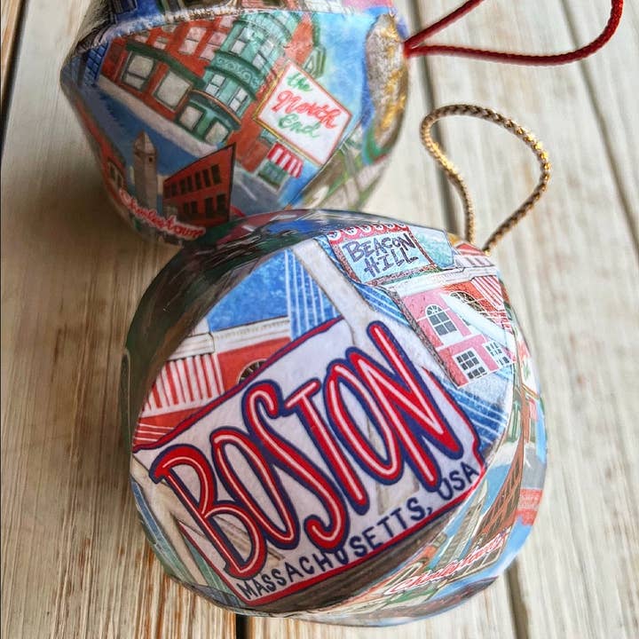 Hand-Drawn Boston, MA Mini-Globe Ornament for wholesale by Domesticadence