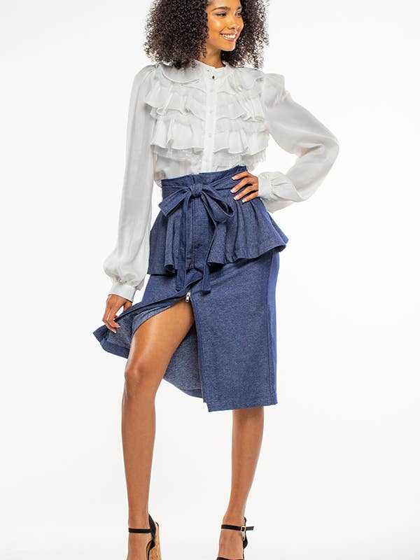 SAIA JEANS ELÁSTICA COM BABADOS E BOLSOS por atacado de QMP Moda