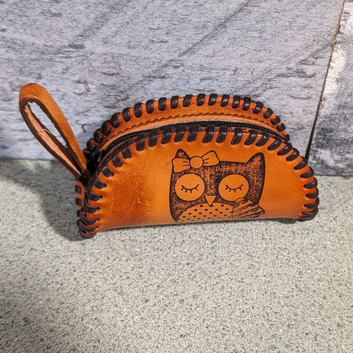Owlet mini clutch purse for wholesale by Tiger Mountain Leatherworks
