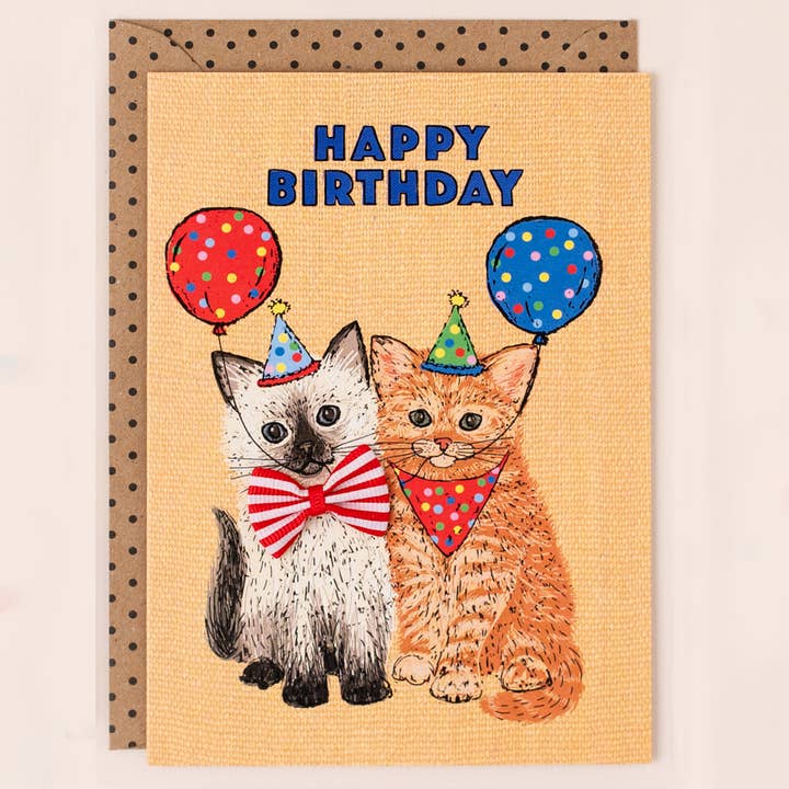 Cats with Party Hats Birthday Card Mustard for wholesale by Apple & Clover