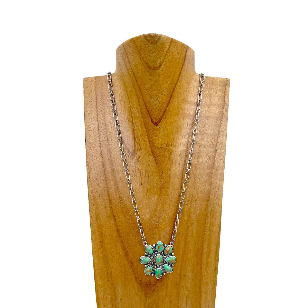 Western Elite Jewelry - Wholesale Pendant/Charm Necklace - NKY240125-02-GREEN                        21 inches silver metal chain with green turquoise stone flower concho pendent Necklace5