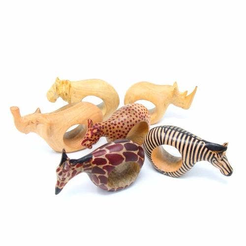 Global Crafts - Wholesale Napkin ring - Mahogany Safari Animal Napkin Rings - Set of 6