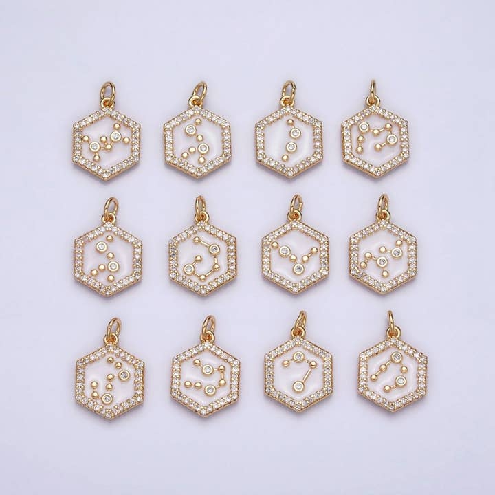 16K Gold Filled Mini Zodiac Sign Birth Star Constellation White Enamel Hexagonal Hammered Add-On Charm | A-A1391-A-A1396 for wholesale by Aim Eternal