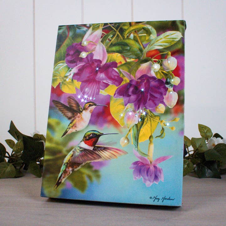 Hummingbirds and Fuchsia 8x6 Lighted Tabletop Canvas for wholesale by Glow Decor