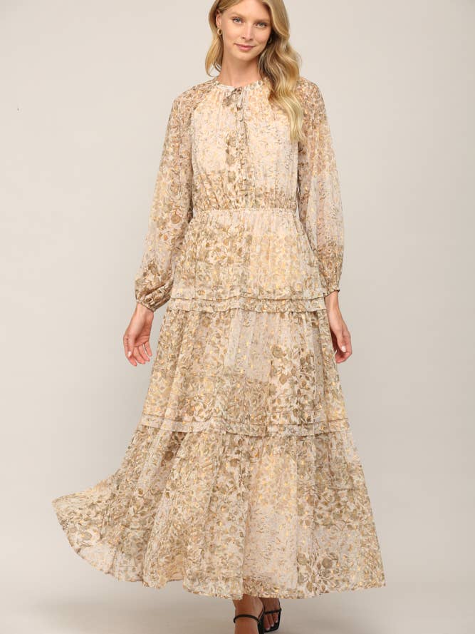 VESTIDO LARGO ABSTRACTO DE CHIFÓN CON PURPURINA Y CUELLO ANUDADO FD32047 para venta al por mayor de FATE