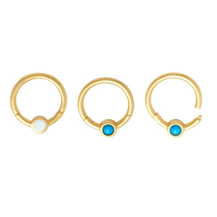 Or massif 10 carats | Anneau septum | Or massif | Piercing Daith | Cerceau septum | Couleurs cyan foncé et blanc coquillage | Anneaux pour le nez et cerceau en cartilage pour la vente par Zahav Jewelry