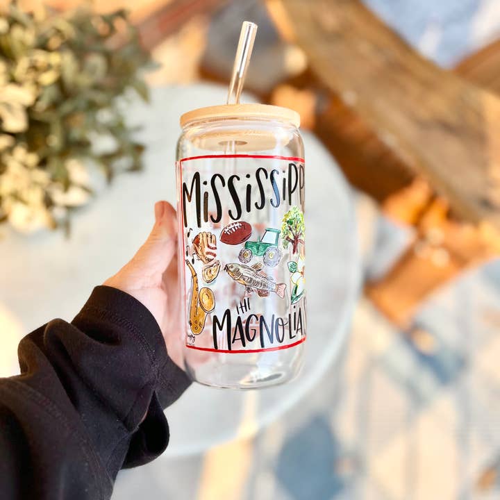 Happy By Rachel, LLC - Wholesale Drinking Glass/Cup - State of Mississippi 16 oz Glassware w/ Bamboo Lid & Straw0