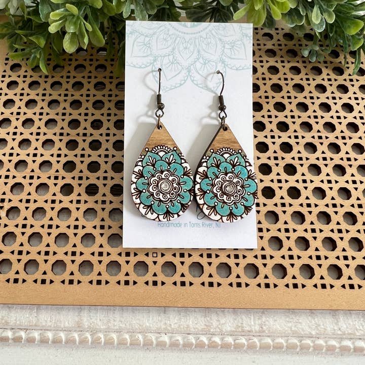 boho style light blue hand painted lightweight wood earring for wholesale by Seasideblooms