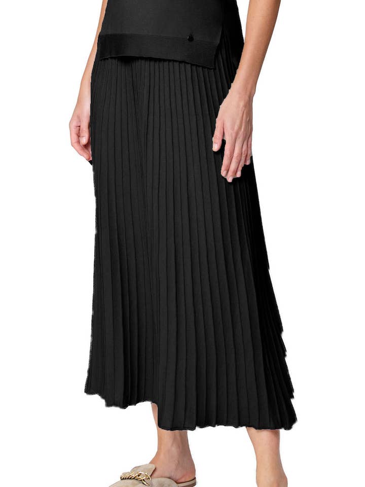 Jupe longue en maille plissée Geraldina ; noire pour la vente par Biana