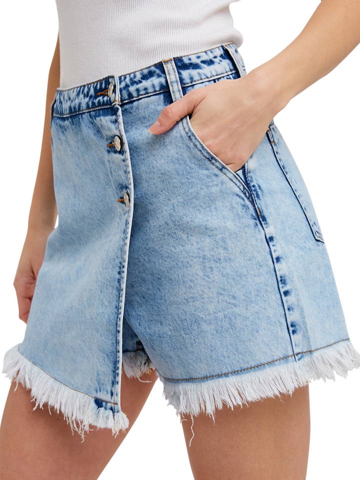 Denim Frayed-Trim Skort for wholesale by Vanilla Monkey