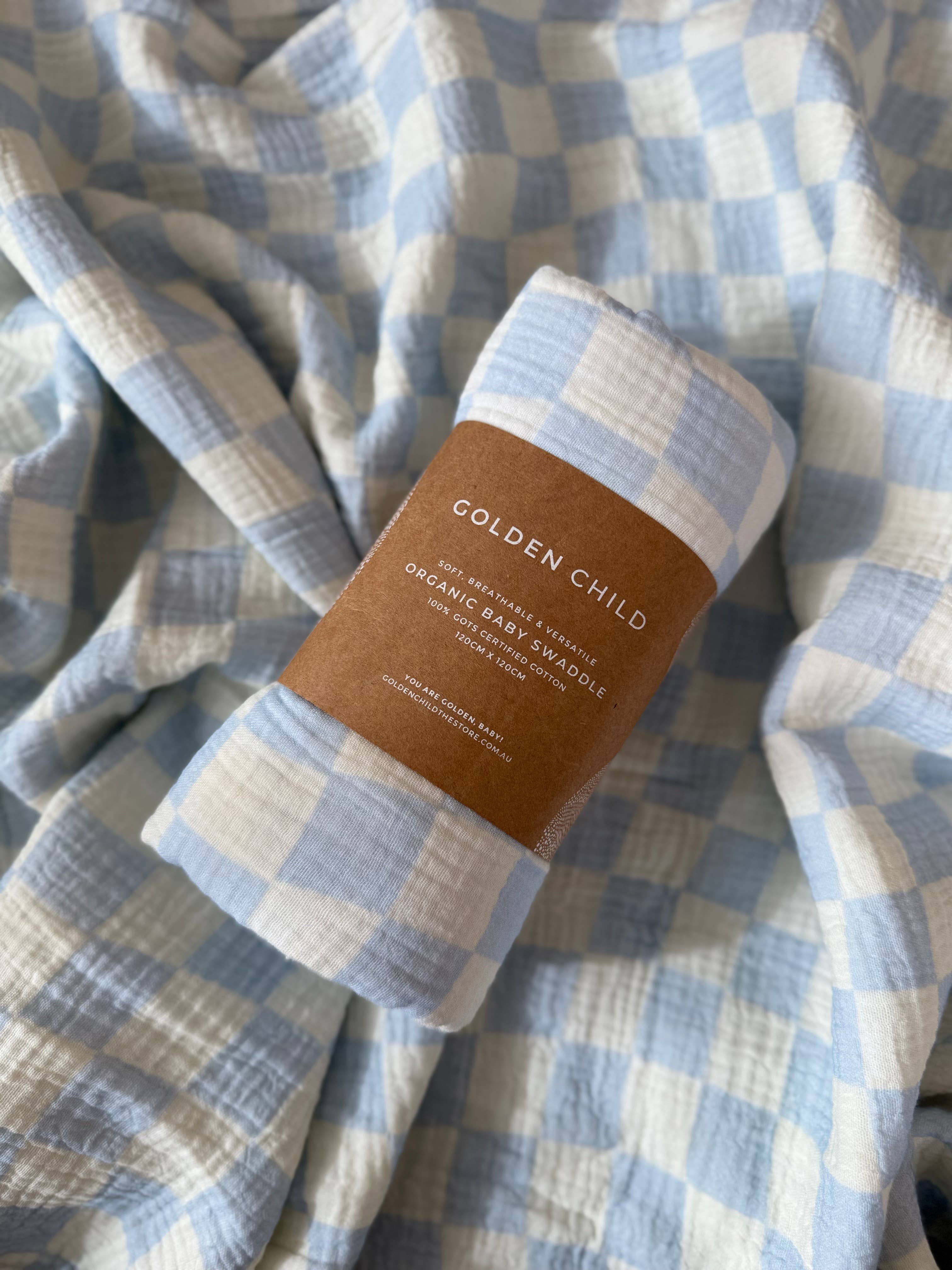 Golden Child - Wholesale Swaddle - Baby -  Wavy Baby Checked Organic Cotton Baby Swaddle - Ocean6