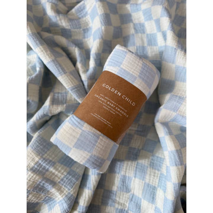 Golden Child - Wholesale Swaddle - Baby - Wavy Baby Checked Organic Cotton Baby Swaddle - Ocean6