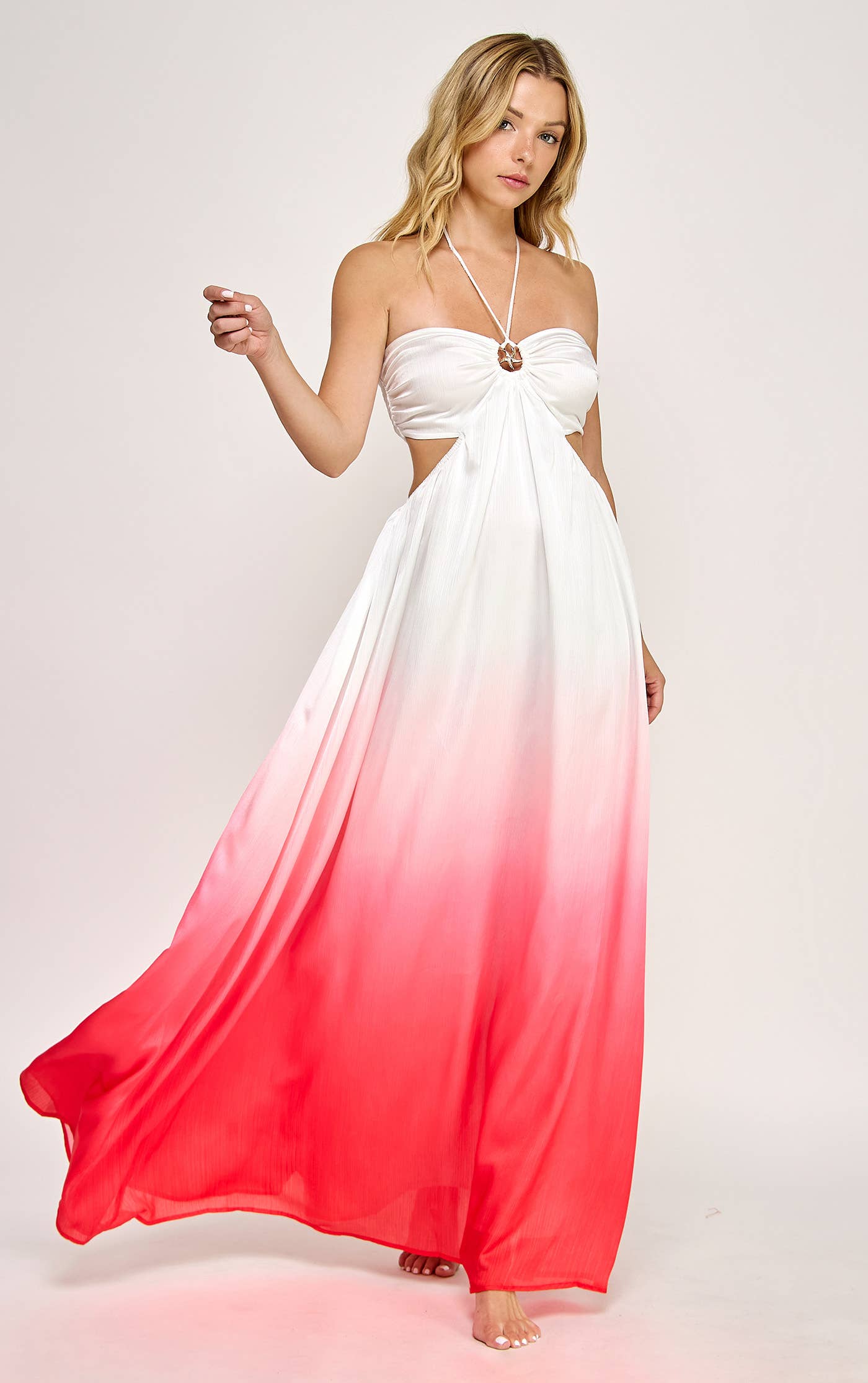 AARDBEI OMBRE ZEESTER TRIM HALTERNEK MAXIJURK - HMD0025B-BERRY voor groothandel op Faire1