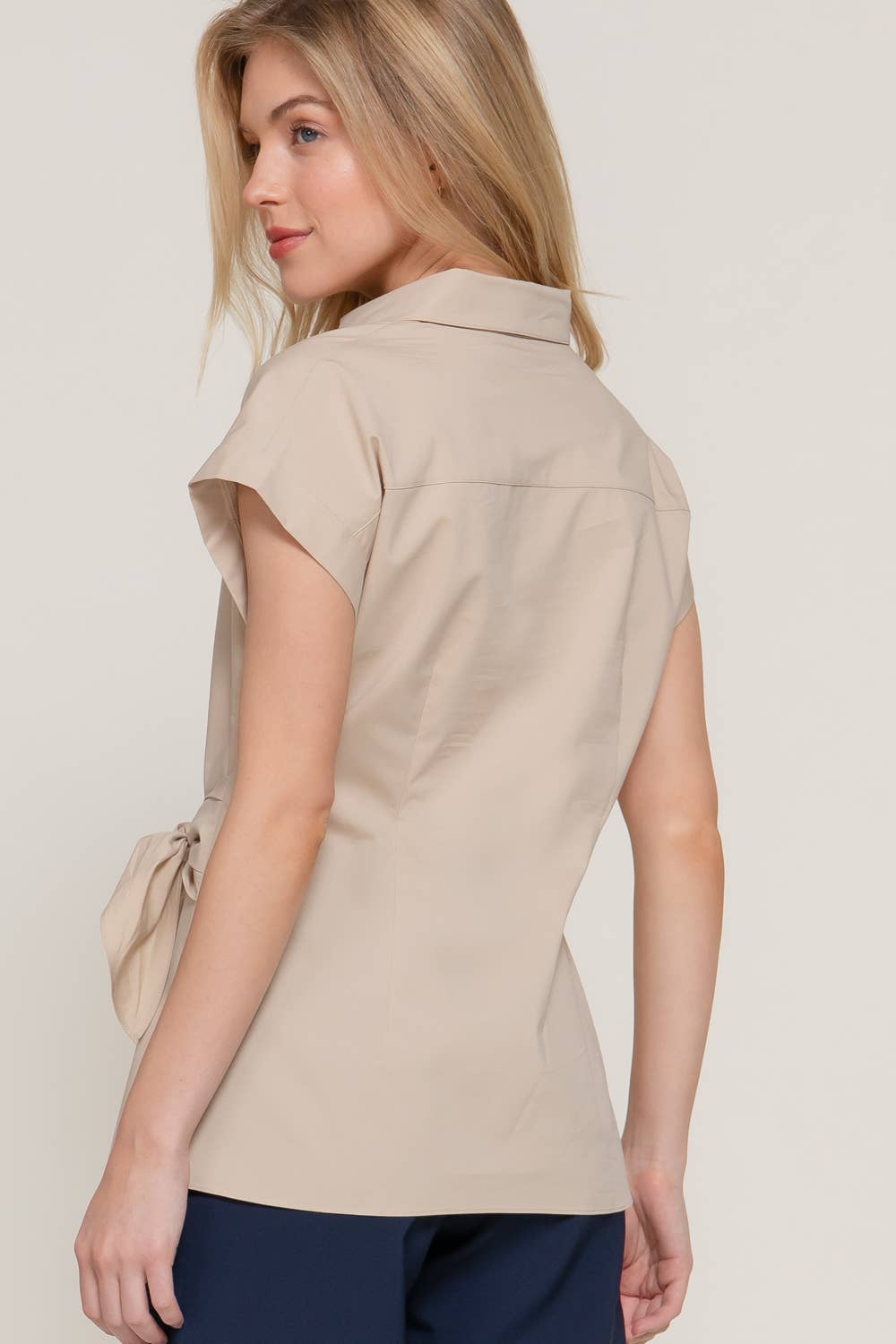 Active Basic | Active USA - Wholesale Button Down Shirt - Women's - Short Dolman Sleeve Button Down Side Knot Poplin Shirt6