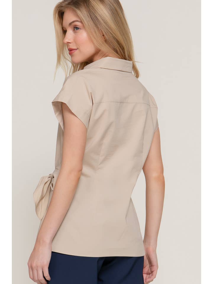 Active Basic | Active USA - Wholesale Button Down Shirt - Women's - Short Dolman Sleeve Button Down Side Knot Poplin Shirt6