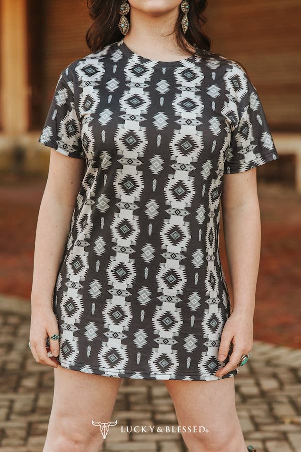 LUCKY & BLESSED - Wholesale Dress - Women's - Black Aztec Printed Short Sleeve Dress2