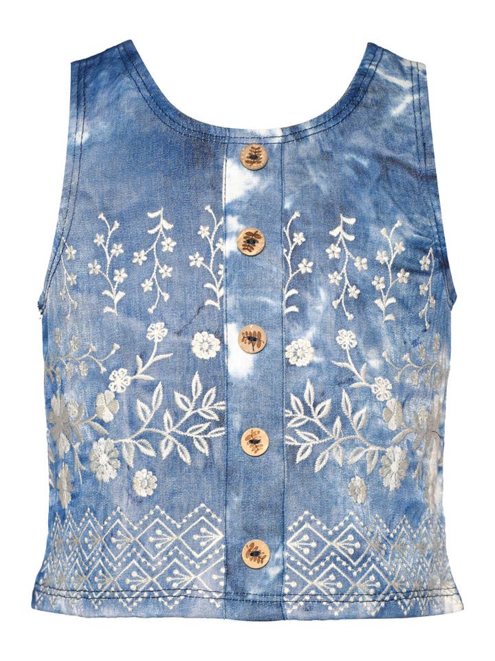 BLUE MULTI EMBROIDERED TOP W/ SMOCKED BACK for wholesale on Faire